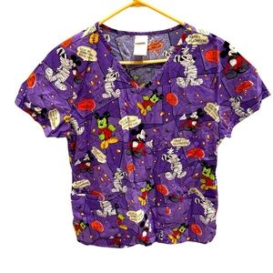 Disney Scrub Top Womens Medium Purple Mickey Halloween 2 Pocket Medical Wear